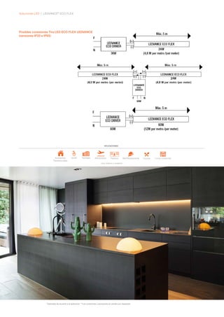 Soluciones LED | LEDVANCE®
ECO FLEX
*Garantías de acuerdo a la aplicación. **Los conectores y accesorios se venden por separado.
Posibles conexiones Tira LED ECO FLEX LEDVANCE
(versiones IP20 e IP65)
Uso interior y exterior
APLICACIONES
Jardín
Ambientes
Residenciales
Fachada Aeropuerto Pasillos Bar/Restaurante Local comercial
Cocina
 