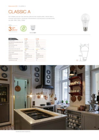 CLASSIC A
Son ideales para las más diversas aplicaciones residenciales, desde salas y
cocinas hasta baños. Sustituyen directamente a las lámparas incandescentes
de 40W, 60W, 75W y 100W.
Soluciones LED | CLASSIC A
BASE E27
mm
143
67
Equivalencia incandescentes (W)
Código del producto
Unidades por caja
Modelo de embalaje
Dimerizable
Vida útil (hs)
Tensión (V)
Flujo luminoso (lm)
Índice de reproducción de color
Temperatura de color (K)
EAN10
EAN40
LED SUPERSTAR
Potencia (W) 15 W
1.521 lm
15.000 hs
220 V
7014286
4058075051218
4058075051225
Caja
12
15 W
1.521 lm
220 V
7014287
4058075051232
4058075051249
Caja
12
A 100 A 100
15.000 hs
*Garantías de acuerdo a la aplicación.
 