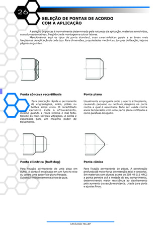26
SELEÇÃO DE PONTAS DE ACORDO
COM A APLICAÇÃO
A seleção de pontas é normalmente determinada pela natureza da aplicação, materiais envolvidos,
suas durezas relativas, freqüência de montagem e outros fatores.
Mencionamos aqui os tipos de ponta standard, suas características gerais e as áreas mais
freqüentes de aplicação de cada tipo. Para dimensões, propriedades mecânicas, torques de fixação, veja as
páginas seguintes.
Ponta côncava recartilhada Ponta plana
Usualmente empregada onde o aperto é freqüente,
causando pequeno ou nenhum desgaste na parte
contra a qual é assentada. Pode ser usada contra
eixos temperados com uma parte plana retificada e
como parafuso de ajuste.
Ponta cilíndrica (half-dog)
Para fixação permanente de uma peça em
outra. A ponta é encaixada em um furo no eixo
ou contra uma superfície plana fresada.
Substitui freqüentemente pinos de guia.
Ponta cônica
Para fixação permanente de peças. A penetração
profunda dá maior força de retenção axial e torcional.
Em materiais com dureza acima de 208 HB (15 HRC)
a ponta penetra até a metade do seu comprimento,
desenvolvendo maior resistência ao cisalhamento
pelo aumento da secção resistente. Usada para pivôs
e ajustes finos.
Para colocação rápida e permanente
de engrenagens, anéis, polias ou
botões sobre eixos. O recartilhado
exclusivo evita o afrouxamento,
mesmo quando a rosca interna é mal feita.
Resiste às mais severas vibrações. A ponta é
escareada para um máximo poder de
travamento.
CATÁLOGO TELLEP
 