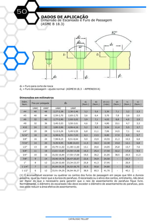 50
DADOS DE APLICAÇÃO
Dimensão de Escareado e Furo de Passagem
(ASME B 18.3)
d0 = Furo para corte da rosca
d = Furo de passagem - ajuste normal (ASME B 18.3 - APPENDIX A)1
Dimensões em milímetros
(1) É aconselhável escarear ou quebrar os cantos dos furos de passagem em peças que têm a dureza
próxima, igual ou maior que a dureza do parafuso. O escareado ou o alívio dos cantos, entretanto, não deve
ser maior do que o necessário para garantir que o raio de assentamento do parafuso fique livre.
Normalmente, o diâmetro do escareado não deve exceder o diâmetro de assentamento do parafuso, pois
isso pode reduzir a área efetiva de assentamento.
UNRC UNRF UNRC UNRF
#4 40 48 2,27-2,38 2,36-2,46 3,2 5,6 3,30 7,1 3,2 2,3
#5 40 44 2,59-2,70 2,65-2,75 3,6 6,4 3,70 7,8 3,6 2,5
#6 32 40 2,77-2,90 2,92-3,02 3,9 7,1 4,02 8,8 4,0 2,9
#8 32 36 3,40-3,53 3,50-3,61 4,6 7,9 4,80 10,1 4,7 3,3
#10 24 32 3,80-3,96 4,06-4,16 5,2 9,5 5,54 11,4 5,5 3,7
1/4” 20 28 5,13-5,26 5,49-5,59 6,8 11,1 7,06 14,5 7,1 4,6
5/16” 18 24 6,58-6,73 6,91-7,03 8,3 13,5 8,80 17,9 8,9 5,7
3/8” 16 24 7,98-8,15 8,51-8,64 9,9 15,9 10,55 21,3 10,5 6,8
7/16” 14 20 9,35-9,55 9,88-10,03 11,5 18,3 12,30 23,0 12,1 6,8
1/2” 13 20 10,79-11,02 11,48-11,60 13,1 20,6 14,05 25,8 13,7 7,6
5/8” 11 18 13,61-13,87 14,50-14,68 16,3 25,4 17,50 32,2 17,4 9,5
3/4” 10 16 16,56-16,84 17,50-17,68 19,5 30,2 21,05 38,5 20,5 11,3
7/8” 9 14 19,46-19,76 20,47-20,67 22,6 34,9 24,50 - 23,7 -
1” 8 12 22,28-22,60 23,34-23,57 25,8 41,3 27,95 - 26,9 -
1 1/4” 7 12 25,00-25,35 26,52-26,75 32,5 50,8 34,80 - 33,3 -
1 1/2” 6 12 33,91-34,29 36,04-36,27 38,9 60,3 41,70 - 40,1 -
Fios por polegada
Diâm.
Nom.
d1
(Nom.)
t2
(Nom.)
d2
(Nom.)
d3 (1)
(máx)
d4
(Nom.)
t1
(Nom.)
d0
CATÁLOGO TELLEP
 