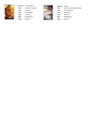 Colección:   Gena-Showalter 14         Colección:   Tiffany- 7
Titulo:      La rendición más oscura   Titulo:      Una vida juntos-Un negocio arriesga

Tema:        Paranormal                Tema:        Amores prohibidos

Autor:       Gena Showalter            Autor:       Nora Roberts

Fecha:       01/07/2012                Fecha:       10/07/2012

ISBN:        9788468704722             ISBN:        9788468704333

Precio:      6,56 Euros                Precio:      6,60 Euros
 