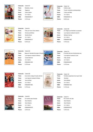Colección: Outlet 491
Titulo: Rebeldía y honor
Tema: Regencia
Autor: Diane Gaston
Fecha: 01/11/2012
ISBN: 9788490009017
Precio: 3,75 Euros
Colección: Outlet 123
Titulo: Vuelta a casa
Tema: Ficción romántica contemporánea
Autor: Linda Lael Miller
Fecha: 01/11/2012
ISBN: 9788490009116
Precio: 9,90 Euros
Colección: Outlet 56
Titulo: Todo por honor-Único destino
Tema: Amores prohibidos
Autor: Sandra Brown
Fecha: 01/11/2012
ISBN: 9788490009147
Precio: 5,00 Euros
Colección: Outlet 348
Titulo: Un milagro por Navidad-La proposici
Tema: Las mejores novelas de Jazmín
Autor: Barbara Hannay
Fecha: 01/11/2012
ISBN: 9788490001882
Precio: 4,75 Euros
Colección: Outlet 303
Titulo: Besos en Navidad-Sonrisas en Navida
Tema: Las mejores novelas de Bianca
Autor: Carole Mortimer
Fecha: 01/11/2012
ISBN: 9788490001493
Precio: 4,75 Euros
Colección: Outlet 319
Titulo: El sonido del amor-Sentimientos esc
Tema: Las mejores novelas de Julia
Autor: Holly Jacobs
Fecha: 01/11/2012
ISBN: 9788490002025
Precio: 3,75 Euros
Colección: Outlet 292
Titulo: Una noche contigo-A través del tiem
Tema: Las mejores novelas de Deseo
Autor: Anna DePalo
Fecha: 01/11/2012
ISBN: 9788490001684
Precio: 4,75 Euros
Colección: Outlet 120
Titulo: Terribles sospechas-Una mujer miste
Tema: Secretos
Autor: Anne Mather
Fecha: 01/11/2012
ISBN: 9788490001363
Precio: 4,10 Euros
Colección: Outlet 69
Titulo: Un hombre para Amanda
Tema: Nora Roberts
Autor: Nora Roberts
Fecha: 01/11/2012
ISBN: 9788490009185
Precio: 3,25 Euros
Colección: Outlet 70
Titulo: Por el amor de Lilah
Tema: Nora Roberts
Autor: Nora Roberts
Fecha: 01/11/2012
ISBN: 9788490009192
Precio: 3,25 Euros
 
