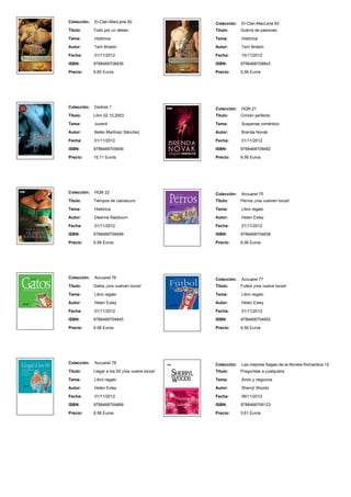 Colección: El-Clan-MacLerie 82
Titulo: Todo por un deseo
Tema: Histórica
Autor: Terri Brisbin
Fecha: 01/11/2012
ISBN: 9788468708836
Precio: 6,60 Euros
Colección: El-Clan-MacLerie 83
Titulo: Guerra de pasiones
Tema: Histórica
Autor: Terri Brisbin
Fecha: 15/11/2012
ISBN: 9788468708843
Precio: 5,56 Euros
Colección: Darkiss 1
Titulo: Lilim 02,10,2003
Tema: Juvenil
Autor: Belén Martínez Sánchez
Fecha: 01/11/2012
ISBN: 9788468705606
Precio: 15,11 Euros
Colección: HQN 21
Titulo: Crimen perfecto
Tema: Suspense romántico
Autor: Brenda Novak
Fecha: 01/11/2012
ISBN: 9788468709482
Precio: 6,56 Euros
Colección: HQN 22
Titulo: Tiempos de claroscuro
Tema: Histórica
Autor: Deanna Raybourn
Fecha: 01/11/2012
ISBN: 9788468709499
Precio: 6,56 Euros
Colección: Accuarel 75
Titulo: Perros ¡nos vuelven locos!
Tema: Libro regalo
Autor: Helen Exley
Fecha: 01/11/2012
ISBN: 9788468704838
Precio: 6,56 Euros
Colección: Accuarel 76
Titulo: Gatos ¡nos vuelven locos!
Tema: Libro regalo
Autor: Helen Exley
Fecha: 01/11/2012
ISBN: 9788468704845
Precio: 6,56 Euros
Colección: Accuarel 77
Titulo: Futbol ¡nos vuelve locos!
Tema: Libro regalo
Autor: Helen Exley
Fecha: 01/11/2012
ISBN: 9788468704852
Precio: 6,56 Euros
Colección: Accuarel 78
Titulo: Llegar a los 50 ¡nos vuelve locos!
Tema: Libro regalo
Autor: Helen Exley
Fecha: 01/11/2012
ISBN: 9788468704869
Precio: 6,56 Euros
Colección: Las-mejores-Sagas-de-la-Novela-Romantica 12
Titulo: Pregúntale a cualquiera
Tema: Amor y negocios
Autor: Sherryl Woods
Fecha: 06/11/2012
ISBN: 9788468709123
Precio: 5,61 Euros
 