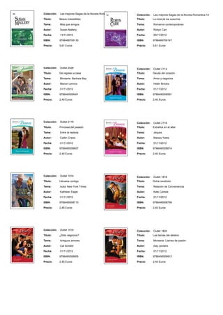 Colección: Las-mejores-Sagas-de-la-Novela-Romantica 13
Titulo: Besos irresistibles
Tema: Más que amigos
Autor: Susan Mallery
Fecha: 13/11/2012
ISBN: 9788468709130
Precio: 5,61 Euros
Colección: Las-mejores-Sagas-de-la-Novela-Romantica 14
Titulo: La roca de los susurros
Tema: Romance contemporáneo
Autor: Robyn Carr
Fecha: 20/11/2012
ISBN: 9788468709147
Precio: 5,61 Euros
Colección: Outlet 2428
Titulo: De regreso a casa
Tema: Miniserie: Banksia Bay
Autor: Marion Lennox
Fecha: 01/11/2012
ISBN: 9788490008461
Precio: 2,40 Euros
Colección: Outlet 2114
Titulo: Deuda del corazón
Tema: Amor y negocios
Autor: Helen Brooks
Fecha: 01/11/2012
ISBN: 9788490008591
Precio: 2,40 Euros
Colección: Outlet 2115
Titulo: Princesa del pasado
Tema: Entre la realeza
Autor: Caitlin Crews
Fecha: 01/11/2012
ISBN: 9788490008607
Precio: 2,40 Euros
Colección: Outlet 2116
Titulo: Extraños en el altar
Tema: Jeques
Autor: Maisey Yates
Fecha: 01/11/2012
ISBN: 9788490008614
Precio: 2,40 Euros
Colección: Outlet 1914
Titulo: Llévame contigo
Tema: Autor New York Times
Autor: Kathleen Eagle
Fecha: 01/11/2012
ISBN: 9788490008713
Precio: 2,45 Euros
Colección: Outlet 1818
Titulo: Dulce rendición
Tema: Relación de Conveniencia
Autor: Kate Carlisle
Fecha: 01/11/2012
ISBN: 9788490008799
Precio: 2,40 Euros
Colección: Outlet 1819
Titulo: ¿Sólo negocios?
Tema: Antiguos amores
Autor: Cat Schield
Fecha: 01/11/2012
ISBN: 9788490008805
Precio: 2,40 Euros
Colección: Outlet 1820
Titulo: Las llamas del destino
Tema: Miniserie: Llamas de pasión
Autor: Day Leclaire
Fecha: 01/11/2012
ISBN: 9788490008812
Precio: 2,40 Euros
 