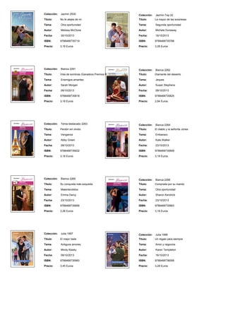 Colección: Jazmin 2530
Titulo: No te alejes de mí
Tema: Otra oportunidad
Autor: Melissa McClone
Fecha: 30/10/2013
ISBN: 9788468735719
Precio: 3,18 Euros
Colección: Jazmin-Top 22
Titulo: La mayor de las sorpresas
Tema: Segunda oportunidad
Autor: Michele Dunaway
Fecha: 16/10/2013
ISBN: 9788468735788
Precio: 3,28 Euros
Colección: Bianca 2261
Titulo: Vida de sombras (Ganadora Premios R
Tema: Enemigos amantes
Autor: Sarah Morgan
Fecha: 09/10/2013
ISBN: 9788468735818
Precio: 3,18 Euros
Colección: Bianca 2262
Titulo: Diamante del desierto
Tema: Jeques
Autor: Susan Stephens
Fecha: 09/10/2013
ISBN: 9788468735825
Precio: 2,84 Euros
Colección: Tema-destacado 2263
Titulo: Perdón sin olvido
Tema: Venganza
Autor: Abby Green
Fecha: 09/10/2013
ISBN: 9788468735832
Precio: 3,18 Euros
Colección: Bianca 2264
Titulo: El diablo y la señorita Jones
Tema: Embarazo
Autor: Kate Walker
Fecha: 23/10/2013
ISBN: 9788468735849
Precio: 3,18 Euros
Colección: Bianca 2265
Titulo: Su conquista más exquisita
Tema: Malentendidos
Autor: Emma Darcy
Fecha: 23/10/2013
ISBN: 9788468735856
Precio: 3,28 Euros
Colección: Bianca 2266
Titulo: Comprada por su marido
Tema: Otra oportunidad
Autor: Sharon Kendrick
Fecha: 23/10/2013
ISBN: 9788468735863
Precio: 3,18 Euros
Colección: Julia 1997
Titulo: El mejor baile
Tema: Antiguos amores
Autor: Mindy Klasky
Fecha: 09/10/2013
ISBN: 9788468735993
Precio: 3,45 Euros
Colección: Julia 1998
Titulo: Un regalo para siempre
Tema: Amor y negocios
Autor: Karen Templeton
Fecha: 16/10/2013
ISBN: 9788468736006
Precio: 3,28 Euros
 