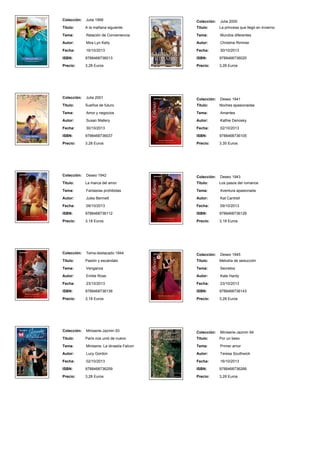 Colección: Julia 1999
Titulo: A la mañana siguiente
Tema: Relación de Conveniencia
Autor: Mira Lyn Kelly
Fecha: 16/10/2013
ISBN: 9788468736013
Precio: 3,28 Euros
Colección: Julia 2000
Titulo: La princesa que llegó en invierno
Tema: Mundos diferentes
Autor: Christine Rimmer
Fecha: 30/10/2013
ISBN: 9788468736020
Precio: 3,28 Euros
Colección: Julia 2001
Titulo: Sueños de futuro
Tema: Amor y negocios
Autor: Susan Mallery
Fecha: 30/10/2013
ISBN: 9788468736037
Precio: 3,28 Euros
Colección: Deseo 1941
Titulo: Noches apasionadas
Tema: Amantes
Autor: Kathie Denosky
Fecha: 02/10/2013
ISBN: 9788468736105
Precio: 3,35 Euros
Colección: Deseo 1942
Titulo: La marca del amor
Tema: Fantasías prohibidas
Autor: Jules Bennett
Fecha: 09/10/2013
ISBN: 9788468736112
Precio: 3,18 Euros
Colección: Deseo 1943
Titulo: Los pasos del romance
Tema: Aventura apasionada
Autor: Kat Cantrell
Fecha: 09/10/2013
ISBN: 9788468736129
Precio: 3,18 Euros
Colección: Tema-destacado 1944
Titulo: Pasión y escándalo
Tema: Venganza
Autor: Emilie Rose
Fecha: 23/10/2013
ISBN: 9788468736136
Precio: 3,18 Euros
Colección: Deseo 1945
Titulo: Melodía de seducción
Tema: Secretos
Autor: Kate Hardy
Fecha: 23/10/2013
ISBN: 9788468736143
Precio: 3,28 Euros
Colección: Miniserie-Jazmin 93
Titulo: París nos unió de nuevo
Tema: Miniserie: La dinastía Falcon
Autor: Lucy Gordon
Fecha: 02/10/2013
ISBN: 9788468736259
Precio: 3,28 Euros
Colección: Miniserie-Jazmin 94
Titulo: Por un beso
Tema: Primer amor
Autor: Teresa Southwick
Fecha: 16/10/2013
ISBN: 9788468736266
Precio: 3,28 Euros
 