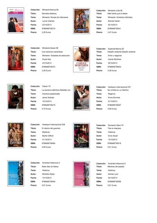 Colección: Miniserie-Bianca 85
Titulo: Secretos italianos
Tema: Miniserie: Novias de millonarios
Autor: Lynne Graham
Fecha: 23/10/2013
ISBN: 9788468736310
Precio: 3,28 Euros
Colección: Miniserie-Julia 82
Titulo: Más fuerte que el deseo
Tema: Miniserie: Hombres indómitos
Autor: Brenda Harlen
Fecha: 02/10/2013
ISBN: 9788468736341
Precio: 3,47 Euros
Colección: Miniserie-Deseo 98
Titulo: Una herencia maravillosa
Tema: Miniserie: Subastas de seducción
Autor: Paula Roe
Fecha: 23/10/2013
ISBN: 9788468736372
Precio: 3,28 Euros
Colección: Especial-Bianca 20
Titulo: Desafío ardiente-Desafío ardiente
Tema: Amor y negocios
Autor: Carole Mortimer
Fecha: 05/10/2013
ISBN: 9788468736402
Precio: 4,28 Euros
Colección: Pasion 70
Titulo: La aventura definitiva-Rebelde con
Tema: Aventura apasionada
Autor: Jamie Sobrato
Fecha: 15/10/2013
ISBN: 9788468736419
Precio: 5,70 Euros
Colección: Harlequin-Internacional 537
Titulo: No confíes en un libertino
Tema: Regency
Autor: Annie Burrows
Fecha: 01/10/2013
ISBN: 9788468736457
Precio: 4,99 Euros
Colección: Harlequin-Internacional 538
Titulo: El retorno del guerrero
Tema: Medieval
Autor: Blythe Gifford
Fecha: 01/10/2013
ISBN: 9788468736464
Precio: 4,99 Euros
Colección: Romantic-Stars 79
Titulo: Tras la máscara
Tema: Histórica
Autor: Anne Stuart
Fecha: 15/10/2013
ISBN: 9788468736518
Precio: 5,61 Euros
Colección: Amantes-Historicos 5
Titulo: Siete días sin besos
Tema: Histórica
Autor: Michelle Styles
Fecha: 10/10/2013
ISBN: 9788468736549
Precio: 5,61 Euros
Colección: Amantes-Historicos 6
Titulo: Mentiras del pasado
Tema: Histórica
Autor: Denise Lynn
Fecha: 24/10/2013
ISBN: 9788468736556
Precio: 5,61 Euros
 
