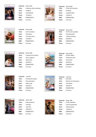 Colección: Bianca 2294
Titulo: El diablo se viste de Kolovsky
Tema: Venganza
Autor: Carol Marinelli
Fecha: 12/03/2014
ISBN: 9788468739519
Precio: 3,23 Euros
Colección: Bianca 2295
Titulo: El valor de la inocencia
Tema: Embarazo
Autor: Jacqueline Baird
Fecha: 12/03/2014
ISBN: 9788468739526
Precio: 3,23 Euros
Colección: Bianca 2296
Titulo: Aroma de traición
Tema: Hijo secreto
Autor: Lynn Raye Harris
Fecha: 12/03/2014
ISBN: 9788468739533
Precio: 3,23 Euros
Colección: Bianca 2297
Titulo: El retorno de su pasado
Tema: Otra oportunidad
Autor: Lindsay Armstrong
Fecha: 26/03/2014
ISBN: 9788468739540
Precio: 3,23 Euros
Colección: Bianca 2298
Titulo: El capricho de Francesco
Tema: Amor y negocios
Autor: Miranda Lee
Fecha: 26/03/2014
ISBN: 9788468739557
Precio: 3,33 Euros
Colección: Bianca 2299
Titulo: Corazón rebelde
Tema: Hombres de honor
Autor: Sara Craven
Fecha: 26/03/2014
ISBN: 9788468739564
Precio: 3,33 Euros
Colección: Julia 2013
Titulo: Promesas del corazón
Tema: Otra oportunidad
Autor: Allison Leigh
Fecha: 05/03/2014
ISBN: 9788468739991
Precio: 3,33 Euros
Colección: Julia 2014
Titulo: Novio falso
Tema: Relación de Conveniencia
Autor: Gina Wilkins
Fecha: 05/03/2014
ISBN: 9788468740003
Precio: 3,33 Euros
Colección: Deseo 1966
Titulo: Falsa proposición
Tema: Embarazo
Autor: Heidi Rice
Fecha: 05/03/2014
ISBN: 9788468739731
Precio: 3,33 Euros
Colección: Deseo 1968
Titulo: Un plan imperfecto
Tema: Aventura apasionada
Autor: Brenda Jackson
Fecha: 19/03/2014
ISBN: 9788468739755
Precio: 3,23 Euros
 