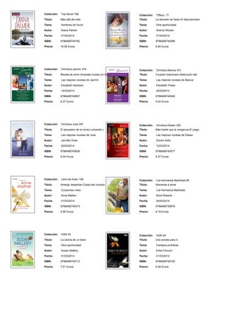 Colección: Top-Novel 169
Titulo: Más allá del odio
Tema: Hombres de honor
Autor: Diana Palmer
Fecha: 01/03/2014
ISBN: 9788468740782
Precio: 16,06 Euros
Colección: Tiffany- 77
Titulo: La decisión de Sean-El descubrimien
Tema: Otra oportunidad
Autor: Sherryl Woods
Fecha: 01/03/2014
ISBN: 9788468740096
Precio: 6,60 Euros
Colección: Omnibus-Jazmin 376
Titulo: Receta de amor-Amantes huidos-Un to
Tema: Las mejores novelas de Jazmín
Autor: Elizabeth Harbison
Fecha: 14/03/2014
ISBN: 9788468740607
Precio: 6,37 Euros
Colección: Omnibus-Bianca 331
Titulo: Corazón traicionero-Seducción itali
Tema: Las mejores novelas de Bianca
Autor: Elizabeth Power
Fecha: 25/03/2014
ISBN: 9788468740546
Precio: 5,04 Euros
Colección: Omnibus-Julia 347
Titulo: El secuestro de la novia-Luchando c
Tema: Las mejores novelas de Julia
Autor: Jennifer Drew
Fecha: 20/03/2014
ISBN: 9788468740638
Precio: 5,04 Euros
Colección: Omnibus-Deseo 320
Titulo: Más fuerte que la venganza-El juego
Tema: Las mejores novelas de Deseo
Autor: Dorien Kelly
Fecha: 12/03/2014
ISBN: 9788468740577
Precio: 6,37 Euros
Colección: Libro-de-Autor 148
Titulo: Amargo despertar-Cosas del corazón
Tema: Corazones rotos
Autor: Anne Mather
Fecha: 01/03/2014
ISBN: 9788468740515
Precio: 5,56 Euros
Colección: Los-hermanos-MacKade 89
Titulo: Atreverse a amar
Tema: Los hermanos MacKade
Autor: Nora Roberts
Fecha: 04/03/2014
ISBN: 9788468739878
Precio: 6,18 Euros
Colección: HQN 53
Titulo: La caricia de un beso
Tema: Otra oportunidad
Autor: Susan Mallery
Fecha: 01/03/2014
ISBN: 9788468740713
Precio: 7,51 Euros
Colección: HQN 54
Titulo: Una sonata para ti
Tema: Fantasía prohibida
Autor: Erika Fiorucci
Fecha: 01/03/2014
ISBN: 9788468740720
Precio: 6,56 Euros
 