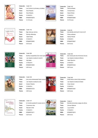 Colección: Outlet 151
Titulo: Los Cordina-La princesa y el plebey
Tema: Nora Roberts
Autor: Nora Roberts
Fecha: 01/04/2014
ISBN: 9788468728278
Precio: 12,15 Euros
Colección: Outlet 152
Titulo: Tierras salvajes
Tema: Compromisos
Autor: Diana Palmer
Fecha: 01/04/2014
ISBN: 9788468728285
Precio: 10,75 Euros
Colección: Outlet 153
Titulo: Algo más que vecinos
Tema: Mundos diferentes
Autor: Isabel Keats
Fecha: 01/04/2014
ISBN: 9788468728292
Precio: 9,30 Euros
Colección: Outlet 69
Titulo: Una estrella anónima-El rincón de R
Tema: Almas solitarias
Autor: Sherryl Woods
Fecha: 01/04/2014
ISBN: 9788468728247
Precio: 5,00 Euros
Colección: Outlet 365
Titulo: Sueños compartidos-Una nueva oportu
Tema: Las mejores novelas de Jazmín
Autor: Ally Blake
Fecha: 01/04/2014
ISBN: 9788468723600
Precio: 4,80 Euros
Colección: Outlet 320
Titulo: Dos novias para dos hermanos-Una bo
Tema: Las mejores novelas de Bianca
Autor: Helen Bianchin
Fecha: 01/04/2014
ISBN: 9788468723334
Precio: 4,80 Euros
Colección: Outlet 336
Titulo: Una novia embarazada-Falsa inocenci
Tema: Las mejores novelas de Julia
Autor: Doreen Roberts
Fecha: 01/04/2014
ISBN: 9788468723723
Precio: 3,80 Euros
Colección: Outlet 309
Titulo: Huida hacia el amor-Entre extraños-
Tema: Las mejores novelas de Deseo
Autor: Cindy Gerard
Fecha: 01/04/2014
ISBN: 9788468723457
Precio: 4,80 Euros
Colección: Outlet 137
Titulo: Un hombre perdido-El corazón del mi
Tema: Corazones rotos
Autor: Maureen Child
Fecha: 01/04/2014
ISBN: 9788468723211
Precio: 4,20 Euros
Colección: Outlet 21
Titulo: Grandes emociones-Juegos de oficina
Tema: Amores italianos
Autor: Lucy Gordon
Fecha: 01/04/2014
ISBN: 9788468723815
Precio: 4,85 Euros
 