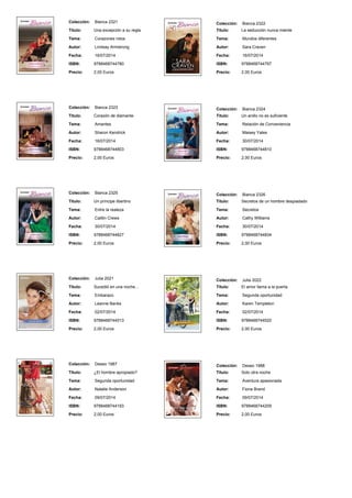 Colección: Bianca 2321
Titulo: Una excepción a su regla
Tema: Corazones rotos
Autor: Lindsay Armstrong
Fecha: 16/07/2014
ISBN: 9788468744780
Precio: 2,00 Euros
Colección: Bianca 2322
Titulo: La seducción nunca miente
Tema: Mundos diferentes
Autor: Sara Craven
Fecha: 16/07/2014
ISBN: 9788468744797
Precio: 2,00 Euros
Colección: Bianca 2323
Titulo: Corazón de diamante
Tema: Amantes
Autor: Sharon Kendrick
Fecha: 16/07/2014
ISBN: 9788468744803
Precio: 2,00 Euros
Colección: Bianca 2324
Titulo: Un anillo no es suficiente
Tema: Relación de Conveniencia
Autor: Maisey Yates
Fecha: 30/07/2014
ISBN: 9788468744810
Precio: 2,00 Euros
Colección: Bianca 2325
Titulo: Un príncipe libertino
Tema: Entre la realeza
Autor: Caitlin Crews
Fecha: 30/07/2014
ISBN: 9788468744827
Precio: 2,00 Euros
Colección: Bianca 2326
Titulo: Secretos de un hombre despiadado
Tema: Secretos
Autor: Cathy Williams
Fecha: 30/07/2014
ISBN: 9788468744834
Precio: 2,00 Euros
Colección: Julia 2021
Titulo: Sucedió en una noche…
Tema: Embarazo
Autor: Leanne Banks
Fecha: 02/07/2014
ISBN: 9788468744513
Precio: 2,00 Euros
Colección: Julia 2022
Titulo: El amor llama a la puerta
Tema: Segunda oportunidad
Autor: Karen Templeton
Fecha: 02/07/2014
ISBN: 9788468744520
Precio: 2,00 Euros
Colección: Deseo 1987
Titulo: ¿El hombre apropiado?
Tema: Segunda oportunidad
Autor: Natalie Anderson
Fecha: 09/07/2014
ISBN: 9788468744193
Precio: 2,00 Euros
Colección: Deseo 1988
Titulo: Solo otra noche
Tema: Aventura apasionada
Autor: Fiona Brand
Fecha: 09/07/2014
ISBN: 9788468744209
Precio: 2,00 Euros
 