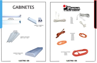 GABINETES
CANALETA
60W-32W-39W
GABINETE COMERCIAL
2X32 - 2X60
GABINETE INDUSTRIAL
2X39 - 2X32 - 2X60
GABINETE ENVOLVENTE
2X32 - 2X60
22
USO RUDO
4 MTS
6 MTS
8 MTS
10 MTS
15 MTS
20 MTS
30 MTS
POT
2 MTS
3 MTS
4 MTS
5 MTS
6 MTS
8 MTS
10 MTS
USO RUDO P/TIERRA
5 MTS
10 MTS
15 MTS
23
 