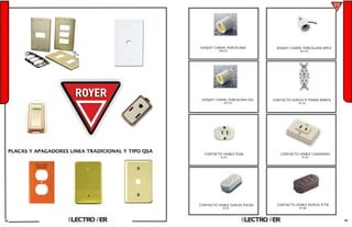 SOQUET CANDIL PORCELANA
R463C
SOQUET CANDIL PORCELANA NIPLE
R472C
SOQUET CANDIL PORCELANA ESC
R473C
CONTACTO DUPLEX P/TIERRA MARFIL
R158
CONTACTO VISIBLE OVAL
R181
CONTACTO VISIBLE CUADRADO
R182
CONTACTO VISIBLE DUPLEX POLAR
R191
CONTACTO VISIBLE DUPLEX P/TIE
R198
49
PLACAS Y APAGADORES LINEA TRADICIONAL Y TIPO QSA
48
 