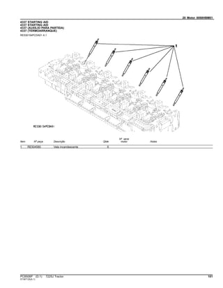 20 Motor 6068HBM01
4337 STARTING AID
4337 STARTING AID
4337 (AUXILIO PARA PARTIDA)
4337 (TERMOARRANQUE)
RE530154PCDA01 A.1
Item Nº peça Descrição Qtde
Nº série
motor Notas
1 RE504580 Vela incandescente 6
PC8506P (D.1) 7225J Tractor 101
ST397125(A.1)
 