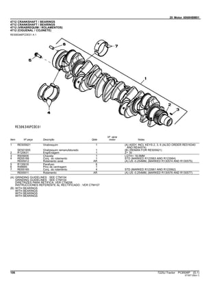20 Motor 6068HBM01
4712 CRANKSHAFT / BEARINGS
4712 CRANKSHAFT / BEARINGS
4712 (VIRABREQUIM / ROLAMENTOS)
4712 (CIGUENAL / COJINETE)
RE506346PCDE01 A.1
Item Nº peça Descrição Qtde
Nº série
motor Notas
1 RE505921 Virabrequim 1 (A) ASSY, INCL KEYS 2, 3, 6 (ALSO ORDER RE516340
AND RE44574)
SE501655 Virabrequim remanufaturado 1 (B) (REMAN FOR RE505921)
2 R120631 EngrEnagem 1 Z= 30
3 R505609 Chaveta 1 LGTH= 18.5MM
4 RE65168 Conj. do rolamento 1 STD (MARKED R123563 AND R123564)
RE65912 Rolamento axial AR (A) US -0.254MM, (MARKED R130574 AND R130575)
5 R135918 Parafuso 6
6 R48685 Pino de centragem 1
7 RE65165 Conj. do rolamento 4 STD (MARKED R123561 AND R123562)
RE65911 Rolamento AR (A) US -0.254MM, (MARKED R130576 AND R130577)
(A) GRINDING GUIDELINES : SEE CTM104
GRINDING GUIDELINES : SEE CTM104
DIRETRIZES PARA RETIFICA: VER CTM206
INSTRUCCIONES REFERENTE AL RECTIFICADO : VER CTM107
(B) WITH BEARINGS
WITH BEARINGS
WITH BEARINGS
WITH BEARINGS
106 7225J Tractor PC8506P (D.1)
ST397128(A.1)
 
