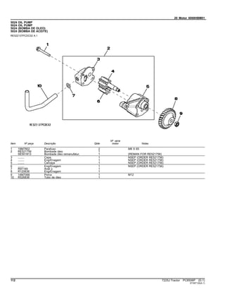 20 Motor 6068HBM01
5024 OIL PUMP
5024 OIL PUMP
5024 (BOMBA DE OLEO)
5024 (BOMBA DE ACEITE)
RE522137PCDC02 A.1
Item Nº peça Descrição Qtde
Nº série
motor Notas
1 19M7802 Parafuso 2 M8 X 65
2 RE521756 Bombade óleo 1
SE501813 Bombade óleo remanufatur. 1 (REMAN FOR RE521756)
3 ........ Capa 1 NSEP (ORDER RE521756)
4 ........ EngrEnagem 1 NSEP (ORDER RE521756)
5 ........ Carcaça 1 NSEP (ORDER RE521756)
6 ........ EngrEnagem 1 NSEP (ORDER RE521756)
7 R97185 Anel o 1
8 R120638 EngrEnagem 1
9 14M7066 Porca 1 M12
10 R526838 Tubo de óleo 1
112 7225J Tractor PC8506P (D.1)
ST397132(A.1)
 