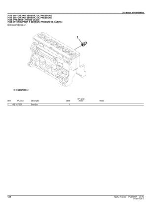 20 Motor 6068HBM01
7635 SWITCH AND SENSOR, OIL PRESSURE
7635 SWITCH AND SENSOR, OIL PRESSURE
7635 (PRESSOSTATO DE OLEO)
7635 (INTERRUPTOR Y SENSOR, PRESION DE ACEITE)
RE516046PCDE02 A.1
Item Nº peça Descrição Qtde
Nº série
motor Notas
1 RE167207 SenSor 1
128 7225J Tractor PC8506P (D.1)
ST397144(A.1)
 