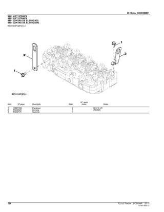20 Motor 6068HBM01
9801 LIFT STRAPS
9801 LIFT STRAPS
9801 (CINTAS DE ELEVACAO)
9801 (CINTAS DE ELEVACION)
RE53353PCDF03 A.1
Item Nº peça Descrição Qtde
Nº série
motor Notas
1 19M7788 Parafuso 2 M12 X 25
2 R502329 Correia 1 (REAR)
3 R502175 Suporte 1
136 7225J Tractor PC8506P (D.1)
ST397150(A.1)
 