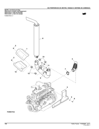 030 PERIFERICOS DO MOTOR, TANQUE E SISTEMA DE ADMISSAO
Muffler and Exhaust Pipe
Silencieux et tuyau d'échappement
Silencioso e Tubo de Escape
Silenciador y tubo de escape
PUBM2755A A.1
154 7225J Tractor PC8506P (D.1)
ST343728(E.1)
 