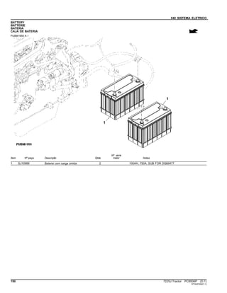 040 SISTEMA ELETRICO
BATTERY
BATTERIE
BATERIA
CAJA DE BATERIA
PUBM1958 A.1
Item Nº peça Descrição Qtde
Nº série
trator Notas
1 SJ10989 Bateria com carga úmida 2 100AH, 750A, SUB FOR DQ68477
190 7225J Tractor PC8506P (D.1)
ST343745(C.1)
 