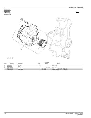 040 SISTEMA ELETRICO
Alternator
Alternateur
Alternador
Alternador
PUBM3018 A.1
Item Nº peça Descrição Qtde
Nº série
trator Notas
1 19M8977 Parafuso 2 M10 X 85
2 R186317 Polia 1
3 RE210793 Alternador 1 -001635 200A/12V
RE558695 Alternador 1 001636- 120A/14V USE WITH RE55991
194 7225J Tractor PC8506P (D.1)
ST740984(B.1)
 