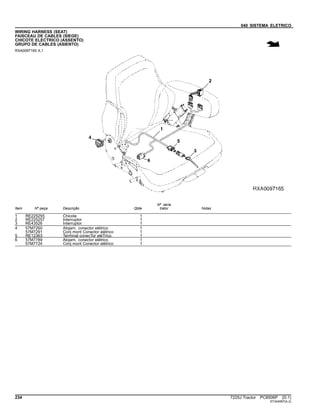 040 SISTEMA ELETRICO
WIRING HARNESS (SEAT)
FAISCEAU DE CABLES (SIEGE)
CHICOTE ELECTRICO (ASSENTO)
GRUPO DE CABLES (ASIENTO)
RXA0097165 A.1
Item Nº peça Descrição Qtde
Nº série
trator Notas
1 RE225255 Chicote 1
2 RE225257 Interruptor 1
3 RE43526 Interruptor 1
4 57M7260 Alojam. conector elétrico 1
57M7291 Conj mont Conector elétrico 1
5 RE12363 Terminal conecTor eléTrico 1
6 57M7789 Alojam. conector elétrico 1
57M7724 Conj mont Conector elétrico 1
234 7225J Tractor PC8506P (D.1)
ST344997(A.2)
 