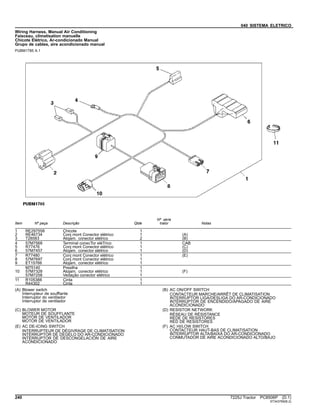 040 SISTEMA ELETRICO
Wiring Harness, Manual Air Conditioning
Faisceau, climatisation manuelle
Chicote Elétrico, Ar-condicionado Manual
Grupo de cables, aire acondicionado manual
PUBM1785 A.1
Item Nº peça Descrição Qtde
Nº série
trator Notas
1 RE297558 Chicote 1
2 RE46734 Conj mont Conector elétrico 1 (A)
3 T28583 Alojam. conector elétrico 2 (B)
4 57M7568 Terminal conecTor eléTrico 1 CAB
5 R77476 Conj mont Conector elétrico 1 (C)
6 57M7457 Alojam. conector elétrico 1 (D)
7 R77480 Conj mont Conector elétrico 1 (E)
8 57M7697 Conj mont Conector elétrico 1
9 ET15766 Alojam. conector elétrico 1
M75140 Presilha 1
10 57M7328 Alojam. conector elétrico 1 (F)
57M7258 Vedação conector elétrico 1
11 R105388 Cinta 1
R44302 Cinta 1
(A) Blower switch
Interrupteur de soufflante
Interruptor do ventilador
Interruptor de ventilador
(B) AC ON/OFF SWITCH
CONTACTEUR MARCHE/ARRÊT DE CLIMATISATION
INTERRUPTOR LIGA/DESLIGA DO AR-CONDICIONADO
INTERRUPTOR DE ENCENDIDO/APAGADO DE AIRE
ACONDICIONADO
(C) BLOWER MOTOR
MOTEUR DE SOUFFLANTE
MOTOR DE VENTILADOR
MOTOR DE VENTILADOR
(D) RESISTOR NETWORK
RÉSEAU DE RÉSISTANCE
REDE DE RESISTORES
RED DE RESISTORES
(E) AC DE-ICING SWITCH
INTERRUPTEUR DE DÉGIVRAGE DE CLIMATISATION
INTERRUPTOR DE DEGELO DO AR-CONDICIONADO
INTERRUPTOR DE DESCONGELACIÓN DE AIRE
ACONDICIONADO
(F) AC HI/LOW SWITCH
CONTACTEUR HAUT-BAS DE CLIMATISATION
INTERRUPTOR ALTA/BAIXA DO AR-CONDICIONADO
CONMUTADOR DE AIRE ACONDICIONADO ALTO/BAJO
240 7225J Tractor PC8506P (D.1)
ST343769(B.2)
 