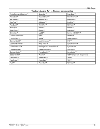 7225J Tractor
Tracteurs Ag and Turf — Marques commerciales
ActiveCommand Steering™ GreenStar™ PowrQuad™
ActiveSeat™ Harvest Smart™ PowrReverser™
AirCushion™ HarvestLab™ PowrSync™
AutoPowr™ HillMaster™ ProDrive™
AutoQuad™ HydraFlex™ QuikTach™
AutoTrac™ iMatch™ Reman™
Bullet Rotor™ iTorque™ Roll-Gard™
ClimaTrak™ IVLOC™ Service ADVISOR™
ComfortCommand™ IVT™ StarFire™
ComfortGard™ JDLink™ StellarSupport™
CommandARM™ Load Command™ STS™
CommandCenter™ Mega Track™ SyncReverser™
CommandTouch™ Nothing Runs Like a Deere™ SyncroPlus™
CommandView™ Parallel Tracking™ SyncShift™
Contour-Master™ PermaClutch 2™ SyncShuttle™
COOL-GARD™ Phoenix™ TLS™ (Triple-Link Suspension)
Field Office™ Power Zero™ TMIII™
FieldCruise™ PowerGard™ TMII™
Funk™ PowerTech™ Vari-Cool™
PC8506P (D.1) 7225J Tractor 25
 