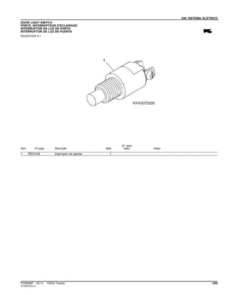 040 SISTEMA ELETRICO
DOOR LIGHT SWITCH
PORTE, INTERRUPTEUR D'ECLAIRAGE
INTERRUPTOR DA LUZ DA PORTA
INTERRUPTOR DE LUZ DE PUERTA
RXA0073335 A.1
Item Nº peça Descrição Qtde
Nº série
trator Notas
1 RE51234 Interruptor de apertar 1
PC8506P (D.1) 7225J Tractor 259
ST345015(A.2)
 