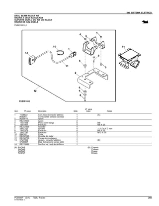 040 SISTEMA ELETRICO
DAUL BEAM RADAR KIT
RADAR A DEUX FAISCEAUX
SUPORTE DUPLO DO KIT DO RADAR
RADAR DE HAZ DOBLE
PUBM1695 A.1
Item Nº peça Descrição Qtde
Nº série
trator Notas
1 T138822 Conj mont Conector elétrico 1 (A)
R78064 Conect elétr tomada cavidad 1
2 R250016 Apoio 1
3 RE242603 Apoio 2
4 14M7298 Porca com flange 8 M8
5 19M7867 Parafuso 4 M8 X 25
6 RE242959 Isolador 4
7 24M7101 Arruela 4 11 X 34 X 3 mm
8 19M7979 Parafuso 4 M8 X 55
9 19M7790 Parafuso 3 M12 X 35
10 R44302 Cinta 1
11 RE252125 Chicote do radar 1
12 RE250705 Peças de montagem 1
13 57M7262 Alojam. conector elétrico 1 (B)
57M8907 Disp fechamento conec elétr 1
14 RE278980 SenSor vel. real de deSloca 1
(A) RADAR
RADAR
RADAR
RADAR
(B) Chassis
Châssis
Chassi
Chasis
PC8506P (D.1) 7225J Tractor 265
ST343786(B.1)
 
