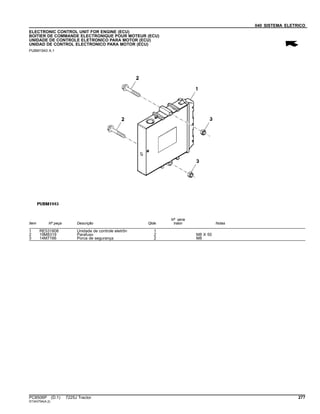 040 SISTEMA ELETRICO
ELECTRONIC CONTROL UNIT FOR ENGINE (ECU)
BOITIER DE COMMANDE ELECTRONIQUE POUR MOTEUR (ECU)
UNIDADE DE CONTROLE ELETRONICO PARA MOTOR (ECU)
UNIDAD DE CONTROL ELECTRONICO PARA MOTOR (ECU)
PUBM1943 A.1
Item Nº peça Descrição Qtde
Nº série
trator Notas
1 RE531808 Unidade de controle eletrôn 1
2 19M8319 Parafuso 2 M8 X 50
3 14M7166 Porca de segurança 2 M8
PC8506P (D.1) 7225J Tractor 277
ST343794(A.2)
 