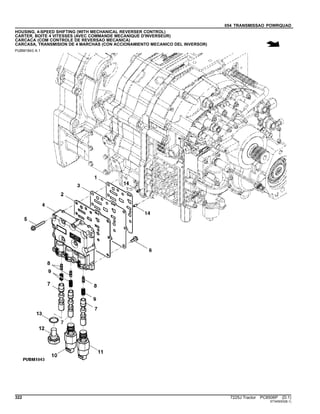 054 TRANSMISSAO POWRQUAD
HOUSING, 4-SPEED SHIFTING (WITH MECHANICAL REVERSER CONTROL)
CARTER, BOITE 4 VITESSES (AVEC COMMANDE MECANIQUE D'INVERSEUR)
CARCACA (COM CONTROLE DE REVERSAO MECANICA)
CARCASA, TRANSMISION DE 4 MARCHAS (CON ACCIONAMIENTO MECANICO DEL INVERSOR)
PUBM1843 A.1
322 7225J Tractor PC8506P (D.1)
ST345053(B.1)
 