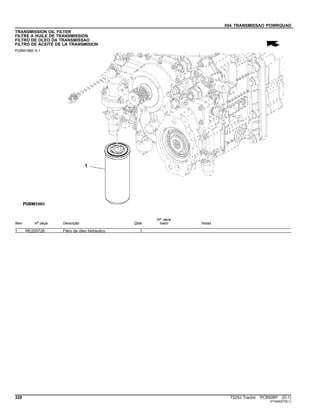 054 TRANSMISSAO POWRQUAD
TRANSMISSION OIL FILTER
FILTRE A HUILE DE TRANSMISSION
FILTRO DE OLEO DA TRANSMISSAO
FILTRO DE ACEITE DE LA TRANSMISION
PUBM1880 A.1
Item Nº peça Descrição Qtde
Nº série
trator Notas
1 RE205726 Filtro de óleo hidráulico 1
328 7225J Tractor PC8506P (D.1)
ST345057(B.1)
 