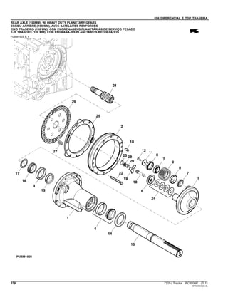 056 DIFERENCIAL E TDP TRASEIRA
REAR AXLE (100MM), W/ HEAVY DUTY PLANETARY GEARS
ESSIEU ARRIÈRE (100 MM), AVEC SATELLITES RENFORCÉS
EIXO TRASEIRO (100 MM), COM ENGRENAGENS PLANETÁRIAS DE SERVIÇO PESADO
EJE TRASERO (100 MM), CON ENGRANAJES PLANETARIOS REFORZADOS
PUBM1929 B.1
378 7225J Tractor PC8506P (D.1)
ST343849(B.6)
 