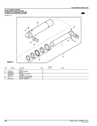 070 SISTEMA HIDRAULICO
LIFT CYLINDER (100 MM)
VERIN DE RELEVAGE (100 MM)
CILINDRO DE SUSPENSAO (100 MM)
CILINDRO DE ELEVACION (100 MM)
PUBM2112 A.1
Item Nº peça Descrição Qtde
Nº série
trator Notas
1 ........ TiranTe 1
2 H211934 Anel de pressão 2
3 AH208773 Bucha 2
4 AH214615 Kit cilindro hidráulico 1
AH151508 Vedação 1
5 JD7798 Conexão de lubrificação 3
6 ........ Camisa do cilindro hidr. 1
7 RE232429 Cilindro hidráulico 2
464 7225J Tractor PC8506P (D.1)
ST345126(A.2)
 