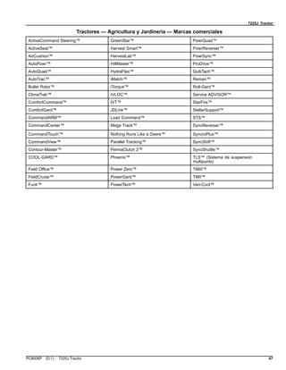 7225J Tractor
Tractores — Agricultura y Jardinería — Marcas comerciales
ActiveCommand Steering™ GreenStar™ PowrQuad™
ActiveSeat™ Harvest Smart™ PowrReverser™
AirCushion™ HarvestLab™ PowrSync™
AutoPowr™ HillMaster™ ProDrive™
AutoQuad™ HydraFlex™ QuikTach™
AutoTrac™ iMatch™ Reman™
Bullet Rotor™ iTorque™ Roll-Gard™
ClimaTrak™ IVLOC™ Service ADVISOR™
ComfortCommand™ IVT™ StarFire™
ComfortGard™ JDLink™ StellarSupport™
CommandARM™ Load Command™ STS™
CommandCenter™ Mega Track™ SyncReverser™
CommandTouch™ Nothing Runs Like a Deere™ SyncroPlus™
CommandView™ Parallel Tracking™ SyncShift™
Contour-Master™ PermaClutch 2™ SyncShuttle™
COOL-GARD™ Phoenix™ TLS™ (Sistema de suspensión
multipunto)
Field Office™ Power Zero™ TMIII™
FieldCruise™ PowerGard™ TMII™
Funk™ PowerTech™ Vari-Cool™
PC8506P (D.1) 7225J Tractor 47
 