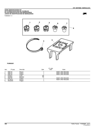 070 SISTEMA HIDRAULICO
HOSE IDENTIFICATION KIT
KIT D?IDENTIFICATION DE FLEXIBLES
KIT DE IDENTIFICACAO DAS MANGUEIRAS
JUEGO DE IDENTIFICACION DE MANGUERAS
PUBM2821 A.1
Item Nº peça Descrição Qtde
Nº série
trator Notas
1 R96132 Plugue 1 NSEP, ORD RE52364
2 R96133 Plugue 1 NSEP, ORD RE52364
3 R96134 Plugue 1 NSEP, ORD RE52364
4 R76477 Cinta AR
5 R76459 Etiqueta AR
6 R96135 Plugue 1 NSEP, ORD RE52364
7 R115615 Plugue 1 NSEP, ORD RE52364
8 RE52364 Plugue 1
486 7225J Tractor PC8506P (D.1)
ST343903(B.4)
 