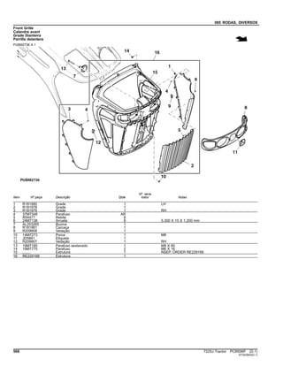 085 RODAS, DIVERSOS
Front Grille
Calandre avant
Grade Dianteira
Parrilla delantera
PUBM2736 A.1
Item Nº peça Descrição Qtde
Nº série
trator Notas
1 R181980 Grade 1 LH
2 R181978 Grade 1
3 R181979 Grade 1 RH
4 37M7348 Parafuso AR
5 R54477 Rebite 8
6 24M7138 Arruela 8 5.300 X 15 X 1.200 mm
7 AL203265 Buzina 1
8 R181981 Carcaça 1
9 R209908 Vedação 1
10 14M7273 Porca 1 M8
11 JD5861 Etiqueta 1
12 R209907 Vedação 1 RH
13 19M7185 Parafuso sextavado 1 M8 X 60
14 19M7775 Parafuso 2 M6 X 16
15 ........ Estrutura 1 NSEP, ORDER RE229168
16 RE229168 Estrutura 1
568 7225J Tractor PC8506P (D.1)
ST343943(D.1)
 