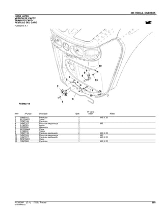 085 RODAS, DIVERSOS
HOOD LATCH
VERROU DE CAPOT
TRAVA DO CAPO
PESTILLO DEL CAPO
PUBM2719 A.1
Item Nº peça Descrição Qtde
Nº série
trator Notas
1 19M9182 Parafuso 1 M8 X 30
2 RE205602 Trava 1
3 37M7199 Parafuso 3
4 14M7327 Porca de segurança 2 M8
5 R196763 Apoio 1
6 R222050 Alavanca 1
7 RE209964 Capa 1
8 R198032 Trinco 1
9 19M7139 Parafuso sextavado 2 M8 X 20
10 14M7528 Porca de segurança 1 M6
11 19M7077 Parafuso sextavado 1 M6 X 20
12 RE219261 Cabo 1
13 19M7866 Parafuso 1 M8 X 20
PC8506P (D.1) 7225J Tractor 569
ST343944(B.2)
 