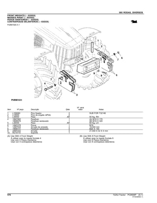 085 RODAS, DIVERSOS
FRONT WEIGHTS ( - XXXXX)
MASSES AVANT ( - XXXXX)
PESOS DIANTEIROS ( - XXXXX)
CONTRAPESOS DELANTEROS ( - XXXXX)
PUBM1820 A.1
Item Nº peça Descrição Qtde
Nº série
trator Notas
1 L169060 Pino fixador 2 SUB FOR T32146
2 L18955 Pino de engate ráPido 2
3 L38450 Peso AR 50 Kg, RH
4 19M7882 Parafuso 1 (A) M16 X 170
19M8976 Parafuso sextavado 1 (B) M16 X 320
5 L38449 Peso AR 50 Kg, LH
6 14M7276 Porca 1 M16
7 12M7044 Arruela de pressão 2 18.500 mm
8 19M9141 Parafuso sextavado 4 M20 X 150
9 24M7242 Arruela 4 21.400 X 42 X 5 mm
10 R215715 Suporte 1
(A) Use With 4 Front Weight
À utiliser avec la masse frontale 4
Use com 4 Pesos Dianteiros
Usar con 4 contrapesos delanteros
(B) Use With 8 Front Weight
À utiliser avec la masse frontale 8
Use com 8 Pesos Dianteiros
Usar con 8 contrapesos delanteros
576 7225J Tractor PC8506P (D.1)
ST343949(D.1)
 