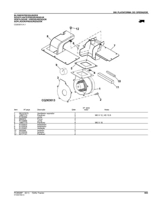 090 PLATAFORMA DO OPERADOR
BLOWER/PRESSURIZER
SOUFFLANTE/PRESSURISEUR
VENTILADOR / PRESSURIZADOR
SOPLADOR/PRESURIZADOR
CQ303013 A.1
Item Nº peça Descrição Qtde
Nº série
trator Notas
1 RE237675 Ventilador soprador 1
2 19M7774 Parafuso 5 M6 X 12, HS 10.9
3 R150394 Junta 1
4 M84972 Porca 4
5 R133899 Junta 1
6 19M7775 Parafuso 4 M6 X 16
7 R193833 Adaptador 1
8 R193834 Adaptador 1
9 R125467 Vedação 1
10 R83066 Isolador 5
11 R122029 Isolador 1
12 M117141 Parafuso 2
PC8506P (D.1) 7225J Tractor 653
ST345218(B.3)
 