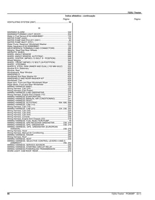 7225J Tractor
Índice alfabético - continuação
Página Página
VENTILATING SYSTEM (2997).......................................................... 88
W
WARNING ALARM............................................................................ 248
WARNING/TURNING LIGHT (ROOF) .............................................. 204
Water in Fuel Sensor-81A2-6068HBM01 .......................................... 130
WATER PUMP (4440) ....................................................................... 102
WATER PUMP AND PULLEY (2001).................................................. 84
WATER PUMP INLET (5701).............................................................117
Water Pump, Reservoir, Windshield Washer..................................... 630
Water Separator-81A2-6068HBM01 ................................................. 130
WEATHERPACK TERMINALS AND CONNECTORS....................... 286
Weights, Steel Disk Rear Wheels...................................................... 562
WEIGHTS, WHEEL........................................................................... 563
WHEEL ANGLE SENSOR ................................................................ 688
WHEEL ANGLE SENSOR, AUTOTRAC........................................... 688
WHEEL CENTER, (MFWD) (12 BOLT, 8 - POSITION)..................... 548
Wheel Weights .................................................................................. 563
WHEEL, FRONT (MFWD) (12 BOLT) (8-POSTITION) ..................... 548
WHEEL, STEERING ......................................................................... 390
WHEELS, STEEL DISK (INNER AND DUAL) (100 MM AXLE) ........ 552
Window R.H.,Stationary .................................................................... 620
Window, Rear .................................................................................... 622
Windowpane, Rear Window .............................................................. 622
WINDSHIELD.................................................................................... 628
Windshield And Rear Washer Kit ...................................................... 630
WINDSHIELD AND REAR WASHER KIT ......................................... 630
Windshield, Cab ................................................................................ 628
Wiper Arm, Front and Rear Windshield Wiper .................................. 636
Wiper Motor, Front and Rear Windshield .......................................... 636
WIRING HARNESS (84BV)............................................................... 132
Wiring Harness ,Cab (2/5)................................................................. 222
Wiring Harness (Cab Power)............................................................. 232
WIRING HARNESS (CAB) GREENSTAR......................................... 238
Wiring Harness ,Engine And Chassis (1/2) ....................................... 216
WIRING HARNESS (EVAPORATOR)............................................... 241
WIRING HARNESS (MANUAL AIR CONDITIONING)...................... 241
WIRING HARNESS (SEAT) .............................................................. 234
WIRING HARNESS, AUTOTRAC..................................... 694, 696, 698
WIRING HARNESS, CAB (1/3)......................................................... 220
Wiring Harness, Cab (1/5)................................................................. 220
WIRING HARNESS, CAB (2/3)......................................... 224, 236, 242
Wiring Harness, Cab (3/5)................................................................. 224
Wiring Harness, Cab (4/5)................................................................. 226
Wiring Harness, Cab (5/5)................................................................. 228
Wiring Harness, Console................................................................... 236
Wiring Harness, Engine And Chassis (2/2) ....................................... 218
WIRING HARNESS. FUEL INJECTION PUMP .................................. 78
WIRING HARNESS, GPS RECEIVER GREENSTAR............... 238, 278
WIRING HARNESS, GPS, GREENSTAR................................. 238, 278
WIRING HARNESS, GPS, GREENSTAR (EUROPEAN
VERSION)............................................................................ 238, 278
Wiring Harness, Hood ....................................................................... 242
Wiring Harness, Manual Air Conditioning.......................................... 240
WIRING HARNESS, RADAR ............................................................ 265
Wiring Harness, Roof ........................................................................ 244
WIRING HARNESS, SEAT................................................................ 234
WIRING HARNESS, SELECTIVE CONTROL LEVERS 4 AND 5
(ARMREST) ......................................................................... 256, 262
WIRING HARNESS, SERVICE ADVISOR........................................ 248
WIRING HARNESS, STARTING CIRCUIT RELAY........................... 283
WIRING HARNESS,POWERQUAD TRANSMISSION ..................... 230
WORK LIGHT, CAB ROOF, REAR.................................................... 210
66 7225J Tractor PC8506P (D.1)
 