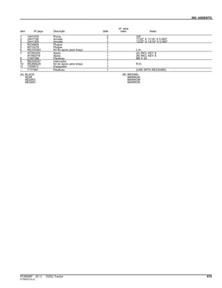 092 ASSENTO
Item Nº peça Descrição Qtde
Nº série
trator Notas
1 14H1076 Porca 2 3/8"
2 24H1136 Arruela 1 11/32" X 11/16" X 0.065"
3 24H1305 Arruela 1 13/32" X 13/16" X 0.065"
4 R234805 Plugue 1
5 M115279 Plugue 1
6 RE233383 Kit do apoio para braço 1 L.H.
7 AT350320 Apoio 1 (A) INCL KEY 8
AT350318 Apoio 1 (B) INCL KEY 8
8 21M7296 Parafuso 1 M6 X 20
9 RE225257 Interruptor 1
10 RE268429 Kit do apoio para braço 1 R.H.
11 T205672 Espaçador 1
.. T177591 Parafuso 1 (USE WITH RE233383)
(A) BLACK
NOIR
NEGRO
NEGRO
(B) BROWN
MARRON
MARROM
MARRON
PC8506P (D.1) 7225J Tractor 679
ST345231(A.2)
 