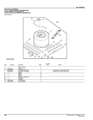 092 ASSENTO
SEAT KIT (AIR SPRING)
KIT DE SIEGE (RESSORT PNEUMATIQUE)
KIT DO ASSENTO (PNEUMATICO)
JUEGO DE SELLOS (RESORTE NEUMATICO)
RXA0102549 A.1
Item Nº peça Descrição Qtde
Nº série
trator Notas
1 ........ Kit p/ assento 1
2 ........ Tubo 1
3 RE250902 Conexão em t 1
4 RE305670 Conexão em ângulo 1 6.35 MM (1/4") AIR LINE ONLY
RE306260 Conexão em ângulo 1 4 MM (5/32") AIR LINE ONLY
5 ........ Rebite 7
6 ........ Rebite 13
7 ........ Rebite 3
8 ........ Porca 7
9 ........ GUIA DA NAVALHA 17
10 ........ Parafuso 1
11 ........ Parafuso 1
12 RE167426 Kit p/assento 1
13 RE250900 Kit p/ assento 1
682 7225J Tractor PC8506P (D.1)
ST343997(A.2)
 