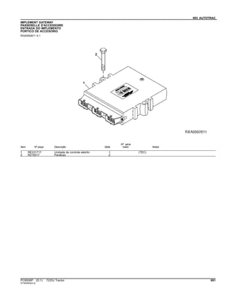 093 AUTOTRAC
IMPLEMENT GATEWAY
PASSERELLE D'ACCESSOIRE
ENTRADA DO IMPLEMENTO
PORTICO DE ACCESORIO
RXA0092611 A.1
Item Nº peça Descrição Qtde
Nº série
trator Notas
1 RE231717 Unidade de controle eletrôn 1 (TEC)
2 R219317 Parafuso 2
PC8506P (D.1) 7225J Tractor 691
ST344004(A.2)
 