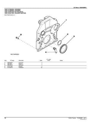 20 Motor 6068HBM01
1409 FLYWHEEL HOUSING
1409 FLYWHEEL HOUSING
1409 (CARCACA DO VOLANTE)
1409 (CAJA DEL VOLANTE MOTOR)
RE57764PCDE03 A.1
Item Nº peça Descrição Qtde
Nº série
motor Notas
1 R524023 Carcaça 1
2 R61467 Anel o 1
3 RE44574 Vedação 1
4 R131769 Plugue 1
5 R135918 Parafuso 12
76 7225J Tractor PC8506P (D.1)
ST397107(A.1)
 