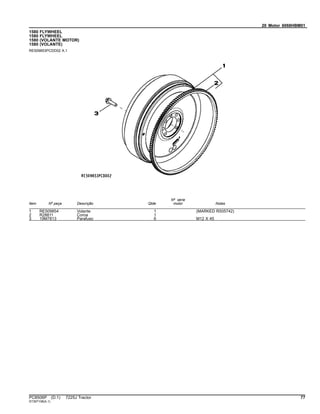 20 Motor 6068HBM01
1580 FLYWHEEL
1580 FLYWHEEL
1580 (VOLANTE MOTOR)
1580 (VOLANTE)
RE509853PCDD02 A.1
Item Nº peça Descrição Qtde
Nº série
motor Notas
1 RE509854 Volante 1 (MARKED R505742)
2 R28811 Coroa 1
3 19M7813 Parafuso 6 M12 X 45
PC8506P (D.1) 7225J Tractor 77
ST397108(A.1)
 
