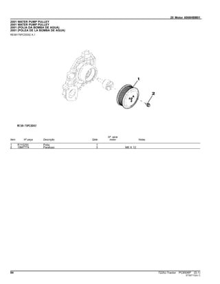 20 Motor 6068HBM01
2001 WATER PUMP PULLEY
2001 WATER PUMP PULLEY
2001 (POLIA DA BOMBA DE AGUA)
2001 (POLEA DE LA BOMBA DE AGUA)
RE58175PCDD02 A.1
Item Nº peça Descrição Qtde
Nº série
motor Notas
1 R115250 Polia 1
2 19M7774 Parafuso 3 M6 X 12
84 7225J Tractor PC8506P (D.1)
ST397112(A.1)
 
