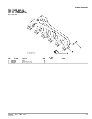 20 Motor 6068HBM01
28AC EXHAUST MANIFOLD
28AC EXHAUST MANIFOLD
28AC (COLETOR DO ESCAPE)
28AC (COLECTOR DE ESCAPE)
RE532229PCDA01 A.1
Item Nº peça Descrição Qtde
Nº série
motor Notas
1 R519488 Junta 6
2 R524796 Coletor de escape 1
3 R522554 Parafuso sextavado 12
PC8506P (D.1) 7225J Tractor 87
ST397115(A.1)
 