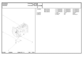 EK39Z002
T0212091
25-370 No
25-375 No
25-380 No
25-385 No
1
1
1
1
2
3
4
063280N2
021020P2
354441X1
027014P1
1
1
1
1
1
2
8
KIT,TRANSMISSION JGO.TRANSMISION
KIT,TRANSMISSION JGO.TRANSMISION
KIT,TRANSMISSION JGO.TRANSMISION
KIT,TRANSMISSION JGO.TRANSMISION
COVER CUBIERTA
BOLT PERNO
PAD ALMOHADILLA
CJ. TRANSMISSÃO
CJ. TRANSMISSÃO
CJ. TRANSMISSÃO
CJ. TRANSMISSÃO
TAMPA
PARAFUSO
TAMPÃO
C026502 E03 12/05
(1)
25 365
8 Velocidades - Deslizante
8 Speed - Slip
8 Velocidades - Deslizante
Transmissões
Transmission
Transmisión
25 365
-
Menu Símbolos
 